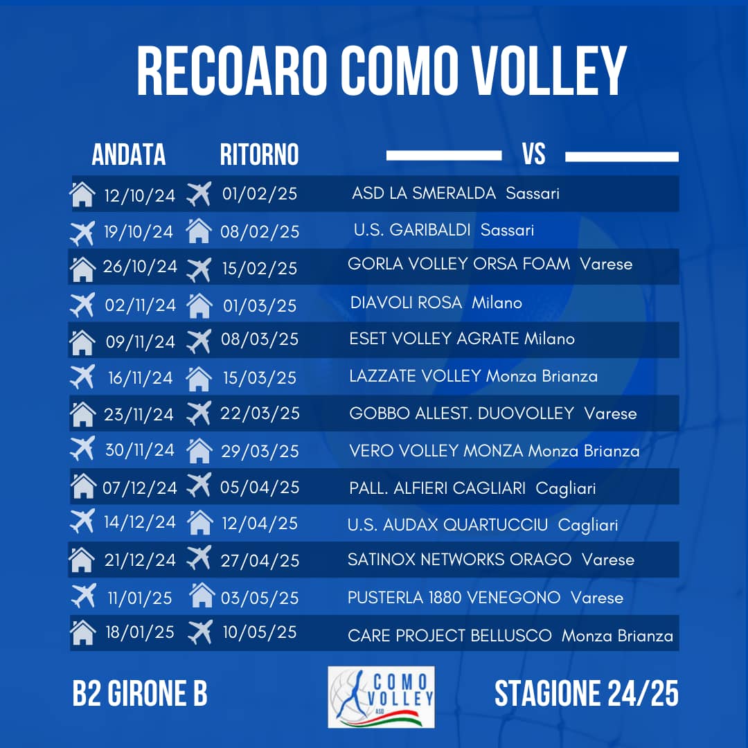 Schema con il calendario del Como Volley per la prossima stagione 2024-25