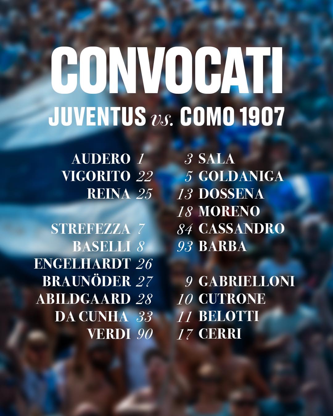 Locandina con la lista dei convocati per Juventus - Como