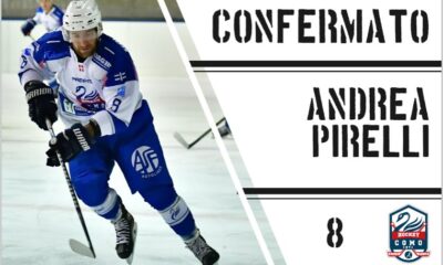 Locandina dell'Hockey Como inerente alla riconferma dell'attaccante Andrea Pirelli