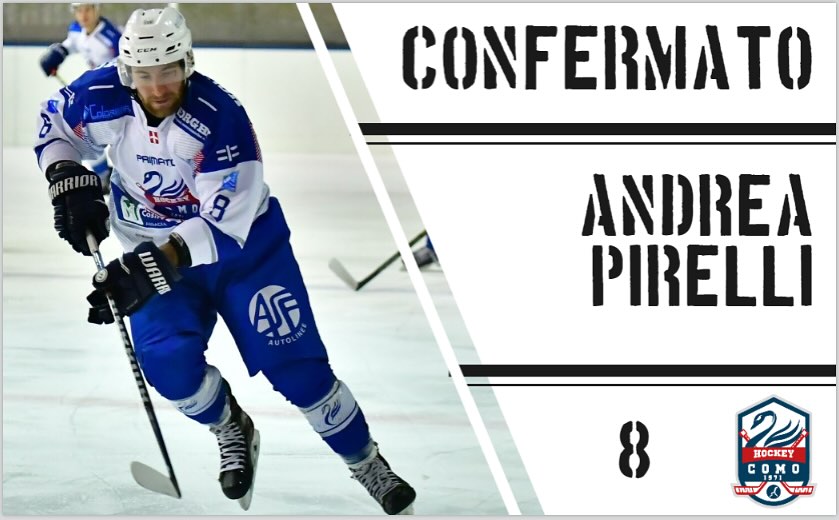 Locandina dell'Hockey Como inerente alla riconferma dell'attaccante Andrea Pirelli