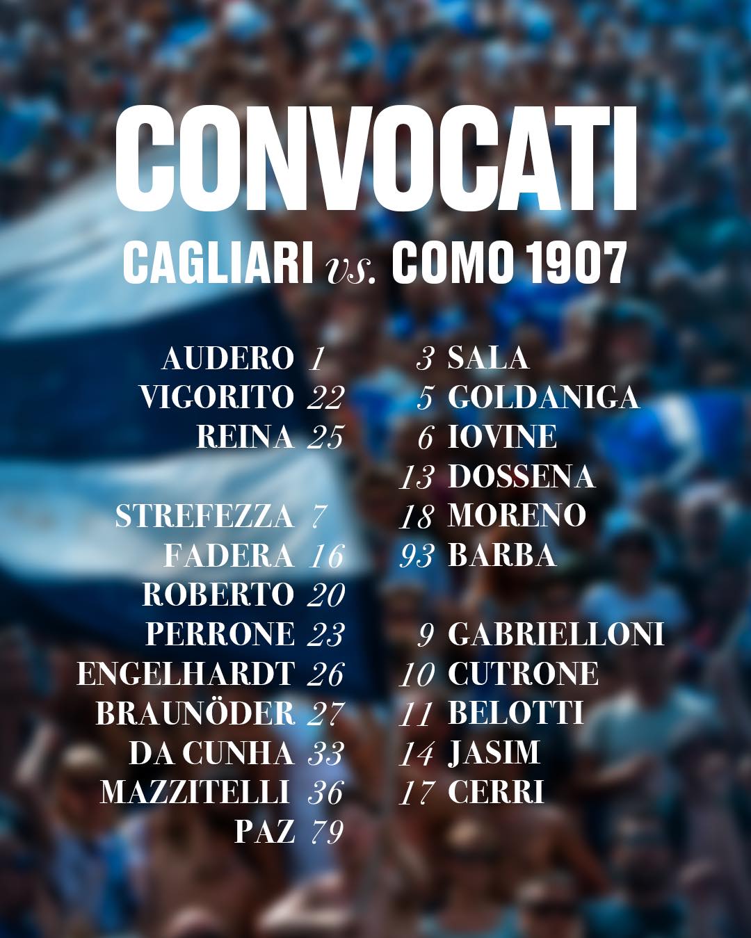Lista dei convocati per l'incontro Cagliari-Como