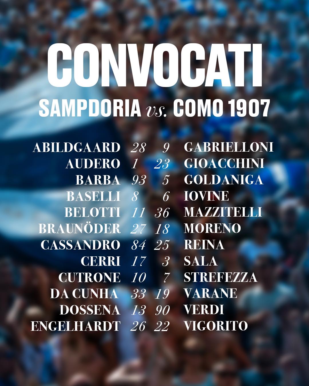 Lista dei convocati per l'incontro Sampdoria-Como