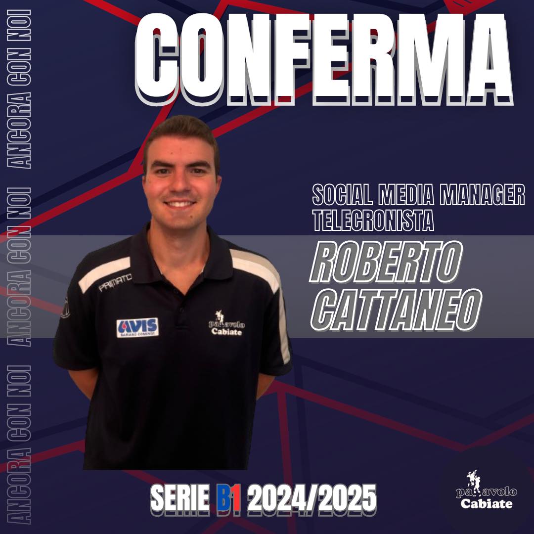 Locandina della Pallavolo Cabiate inerente alla riconferma di Roberto Cattaneo quale telecronista e social media manager.